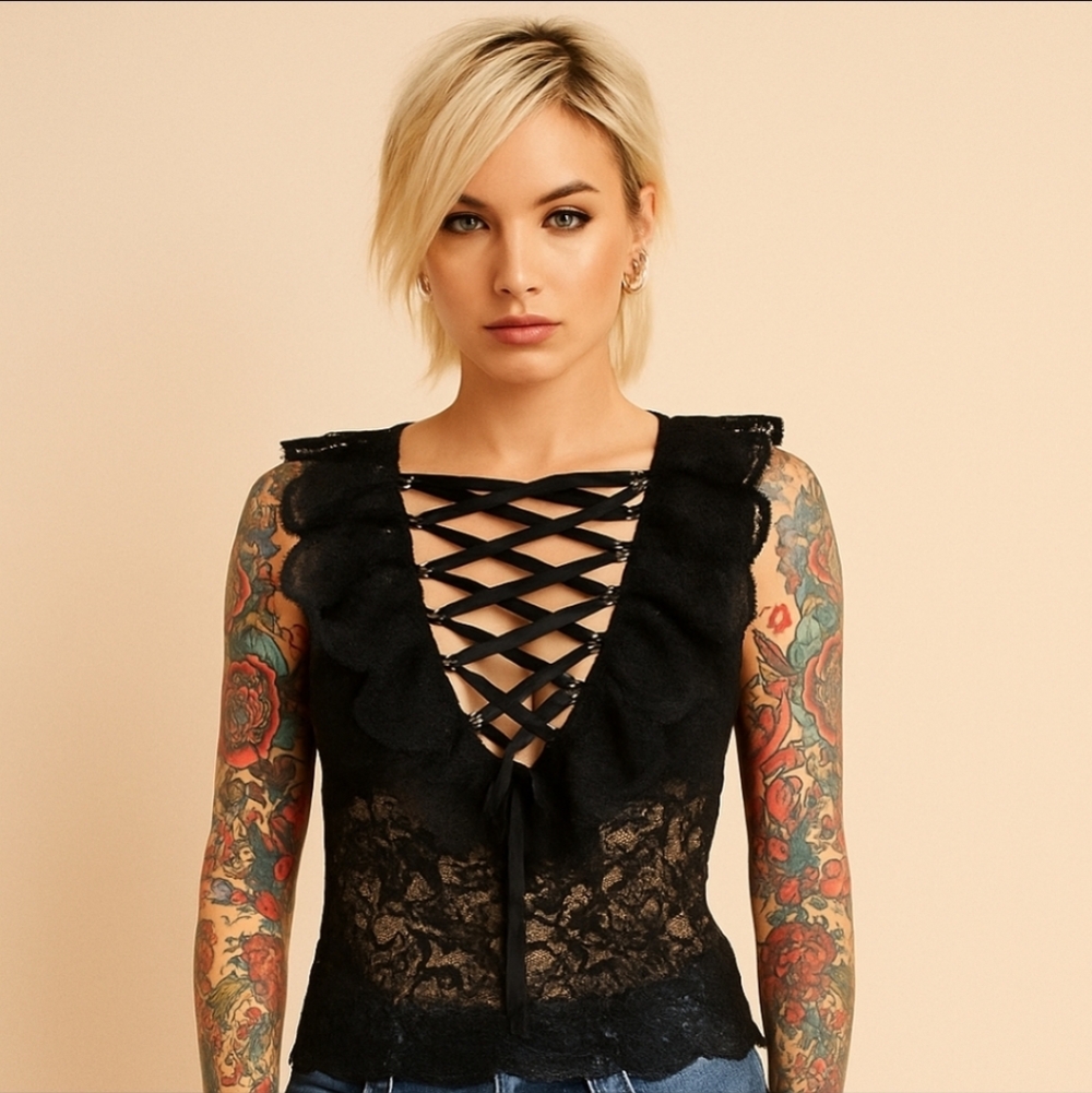 Endless Rose Black Lace-Up Ruffle Lace Top S NWT Romantic Victorian Blouse